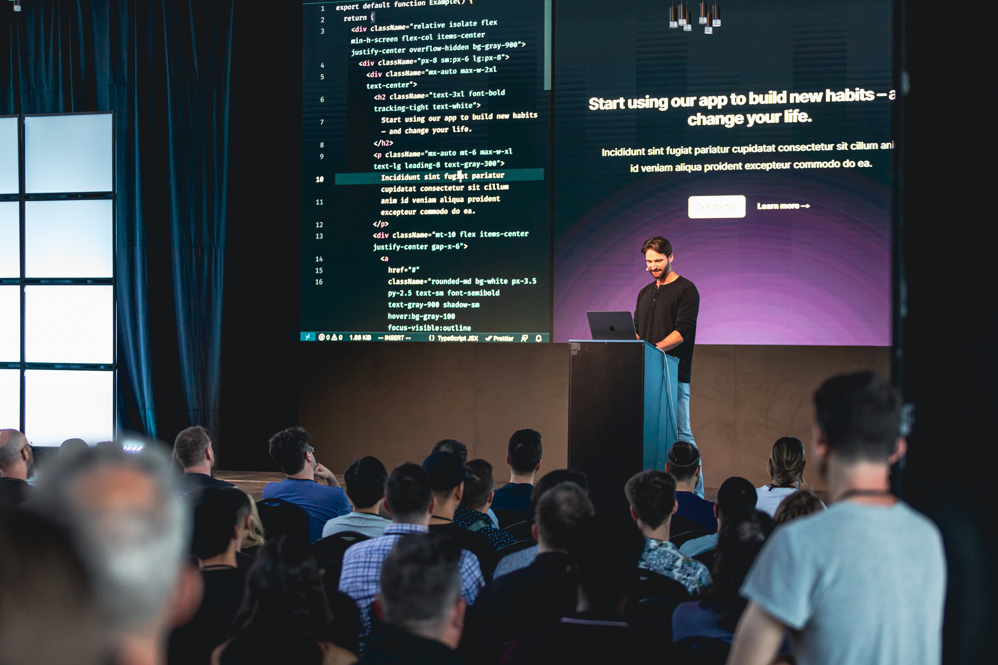 Sam Selikoff live-coding a demo of headling balancing on stage